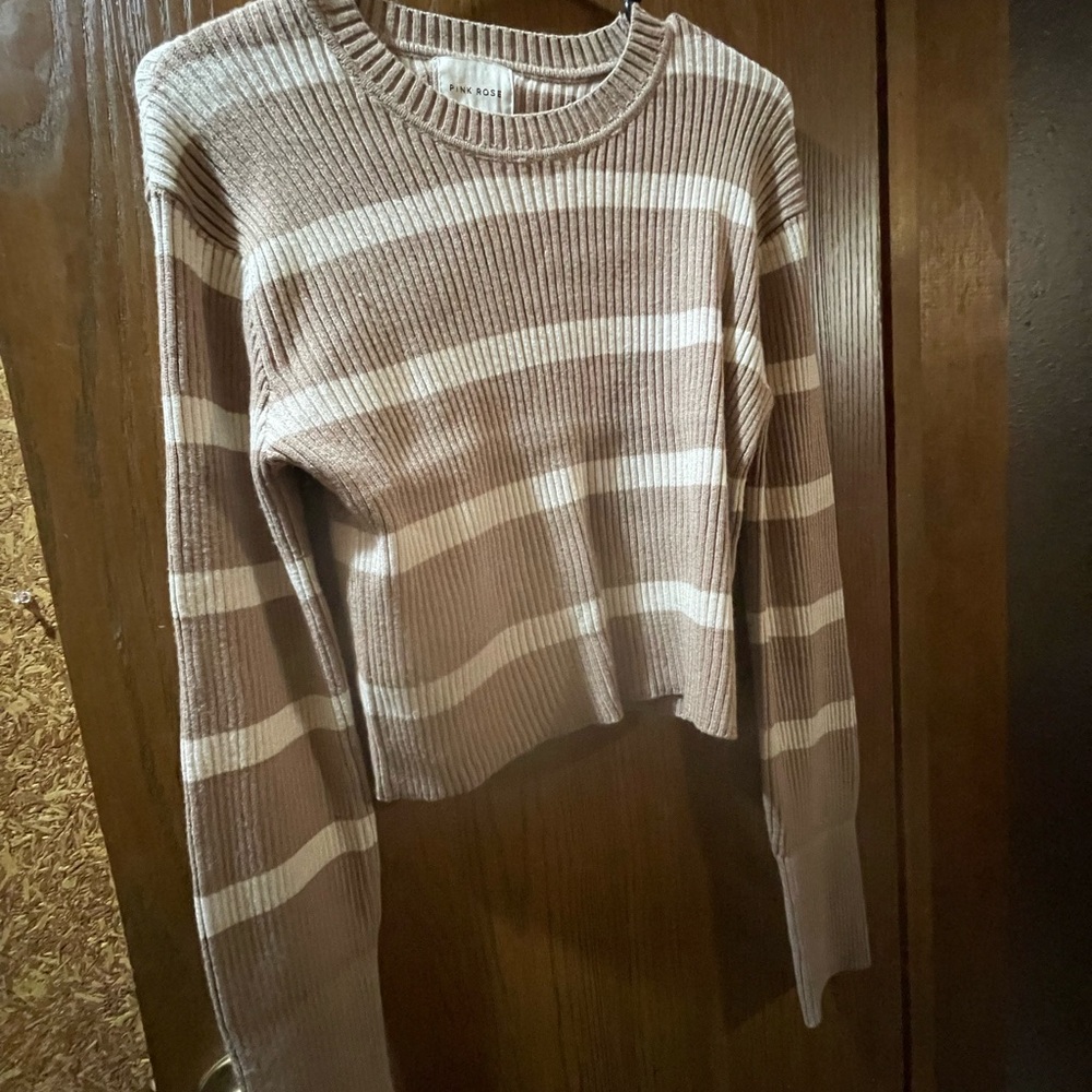 Pink Rose Brown and White Crew Neck Sweater with Stripes